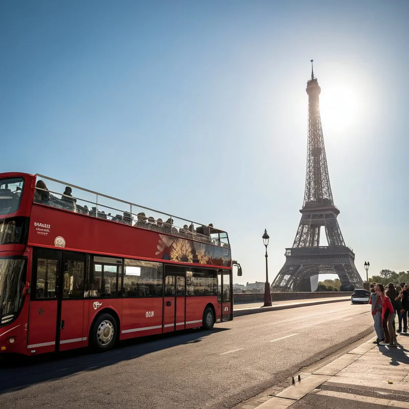 Hop-on hop-off bus in Parijs bij de Eiffeltoren